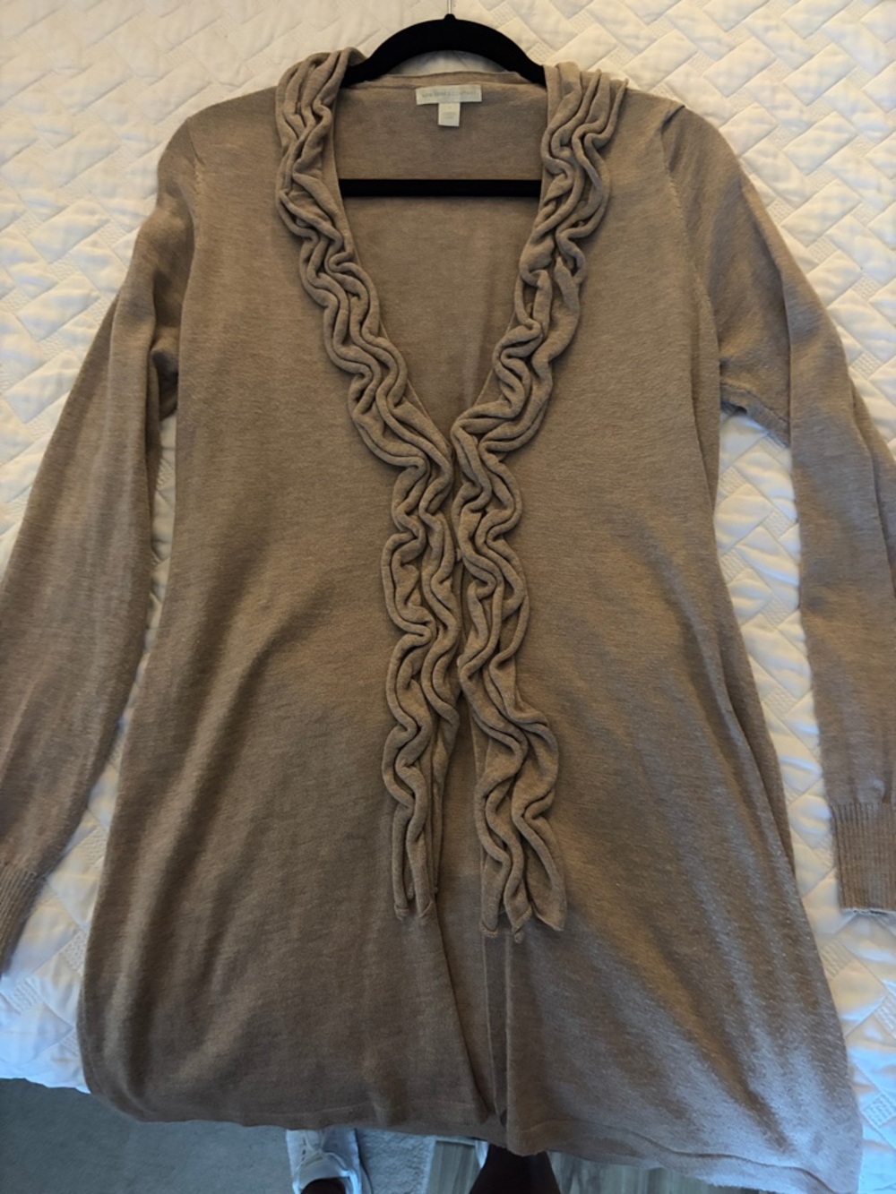 New York & Company Taupe Ruffle-Trim Open-Front Cardigan